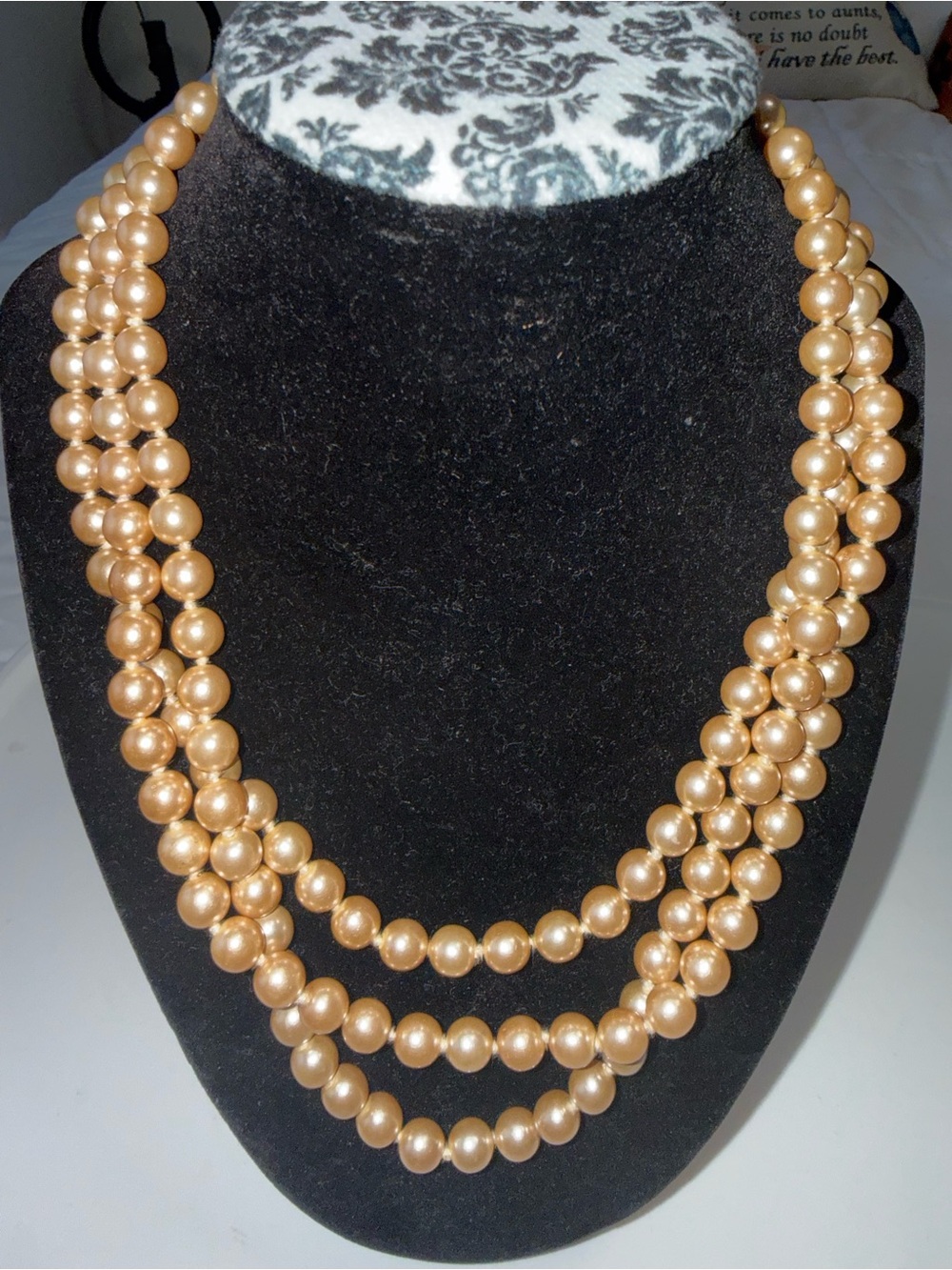 E. Pearl vintage faux pearl 3 strand necklace Champagne pearls rhinestone clasp